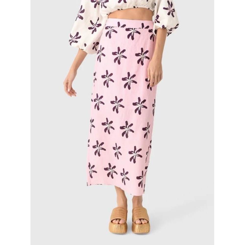 Cala De La Cruz Magda Floral Linen Maxi Skirt Size Large Coastal Tropical Beach